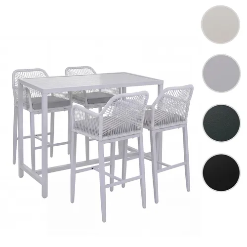 HWC-P91 Set Bartisch + 4 Barhocker - Modernes Outdoor-Möbelset - Stilvolles Bartisch-Set mit 4 Barhockern für den Garten. Robuste Stahlkonstruktion mit elastischem Seilgeflecht und bequemen Sitzkissen. Ideal für gesellige Abende im Freien.