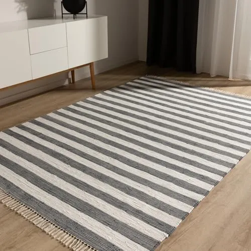 benuta Basic Baumwollteppich Tom - Grau/Creme 60x100 cm - Handgewebt aus 100% recycelter Baumwolle - Handgewebter Teppich für Wohnzimmer und Esszimmer aus 100% recycelter Baumwolle. Strapazierfähig und ideal für Fußbodenheizung. Bringt Gemütlichkeit und Natürlichkeit in Ihr Zuhause.