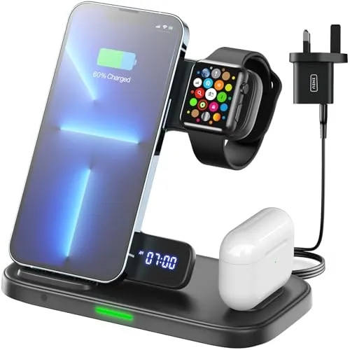 INIU 3-in-1 Kabelloses Ladegerät, 15W AirFuel Ladestation für Phone, iWatch 9 8, AirPods 3 2 Pro mit 25W USB-C Adapter, Schnellladefunktion und adaptiver Anzeige