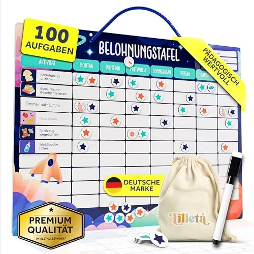 Lilleta® Belohnungstafel für Kinder – 95 Aufgaben & 350 Magnete - Motivierendes magnetisches Belohnungssystem für Kinder ab 4 Jahren. Fördert Verantwortung und Selbstständigkeit mit Montessori-inspiriertem Design. Ideal für Zuhause, Schule oder therapeutische Einrichtungen.