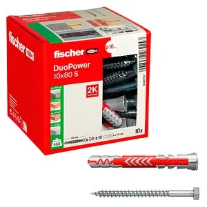 fischer DuoPower 10x80 S 2K Dübel mit Schrauben, 10 St. - Schrauben, Nägel, Dübel - Sichere und vielseitige Befestigungslösung für verschiedene Baustoffe, ideal für Profis und Heimwerker.
