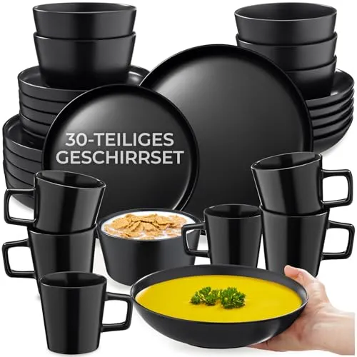 tectake 30-tlg Geschirr-Set für 6 Personen - Elegantes Steingut-Geschirr-Set in Schwarz, perfekt für besondere Anlässe und den täglichen Gebrauch, ideal für 6 Personen.