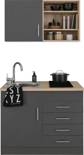 KOCHSTATION Pantryküche KS-Mali, Breite 100 cm - Küchenzeile mit E-Geräten, ideal für kleine Räume. Perfekt gestaltete Kochstation in modernem grau, die Funktionalität und Stil vereint.