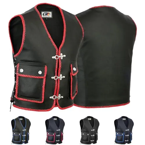 German Wear Leder Motorrad Kutte V2 Schwarz/Rot - Motorradwesten - Geflochtene Lederweste mit Karabiner, ideal für Biker und Motorradfahrer, Größe 58/3XL, stylisch in Schwarz/Rot.
