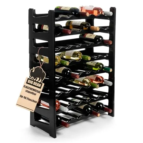 BigDean Stapelbares Flaschenregal für 48 Flaschen – Elegantes Getränkeregal in Schwarz - Modulares Flaschenregal für Glas- und PET-Flaschen bis 1,5 Liter. Einfach stapelbar, platzsparend und elegant – ideal für Küche, Weinkeller oder Gastronomie.