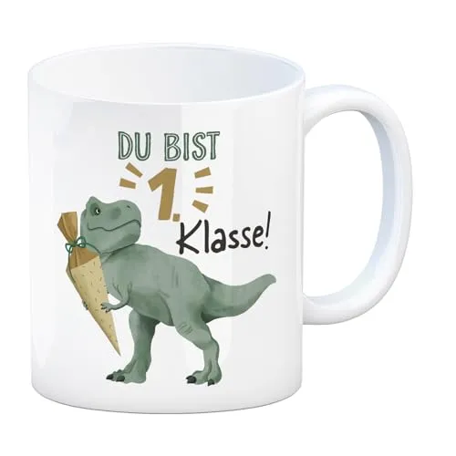 Dino mit Schultüte Kaffeebecher mit Spruch Du bist 1. Klasse! zum Schulanfang Lustiger T-Rex Kaffeebecher für Schulkinder zur Einschulung