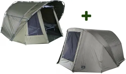 MK 2 Mann Angelzelt plus Overwrap - Karpfen Einsteiger Set - Zelt für 2 Personen mit 10.000mm Wassersäule, inklusive Überwurf für zusätzliche 90 cm Platz. Ideal für Angler, die Komfort und Schutz suchen.