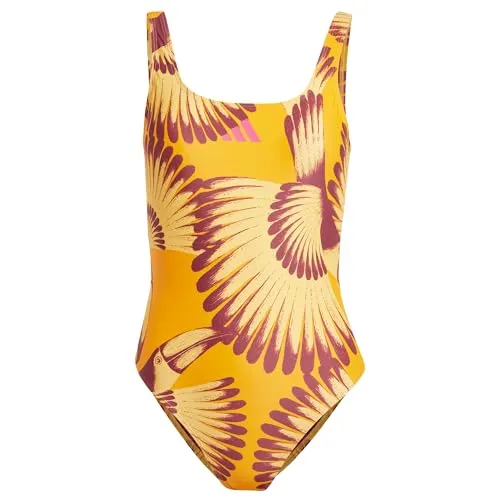 adidas Damen x Farm 3-Streifen Badeanzug in Bright Orange/Pulse Lime (Gr. 38) - Stylischer Badeanzug mit 3 Streifen für einen trendigen Look am Strand. Bequem und ideal für Sommeraktivitäten.