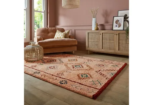 FLAIR RUGS Wollteppich Sahara Shaggy - Teppich aus 100% Berberwolle in Rosa, handgetuftet, 120x170 cm, ideal für Fußbodenheizungen und strapazierfähig für jeden Raum.