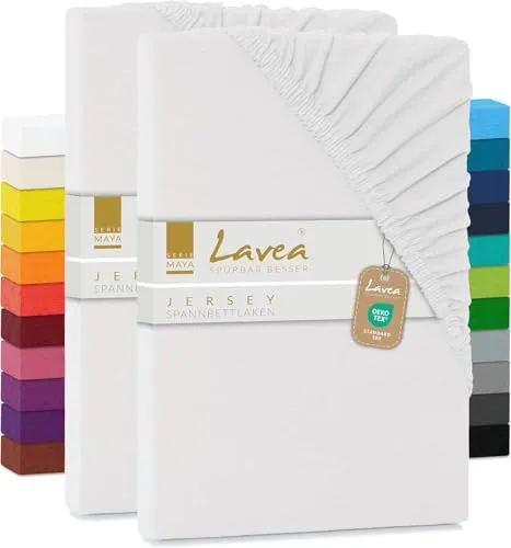 Lavea® Spannbettlaken 120x200cm, 2er Pack aus 100% Baumwolle Jersey, Weiß - Hochwertiges Spannbettlaken aus 100% Baumwolle mit Rundumgummizug für perfekten Halt. Weich und atmungsaktiv sorgt es für ein angenehmes Schlafklima. Pflegeleicht und langlebig – ideal für den täglichen Einsatz.