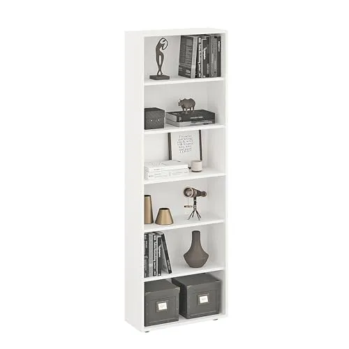 KOMTO Regal 60 cm breit Weiß - Höhenverstellbares Bücherregal mit 6 Ebenen - Bücherregal in Weiß, ideal für Zuhause oder Büro. Mit 6 höhenverstellbaren Ebenen bietet es viel Platz für Bücher und Dekoration und überzeugt durch hochwertige Materialien und einfache Montage.