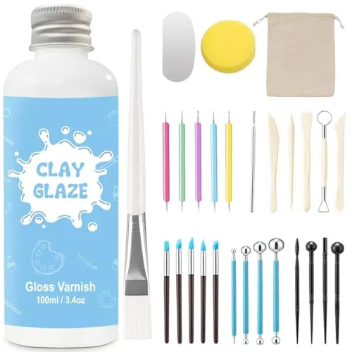 100ml air dry clay glaze und 29pcs modellierwerkzeug Werkzeug, ton glasur ohne brennen Schützt die Keramik vor Oberflächenverschleiß und kann zum Stippeln, Schnitzen, Gießen verwendet werden (Glanz)