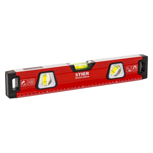 STIER Premium Wasserwaage 400 mm mit Magnet und drei Libellen - Magnet Wasserwaage mit hoher Messgenauigkeit von ±0,5 mm/m, ideal für präzise Ausrichtung von Werkstücken und freihändige Nutzung dank starkem Magnet.