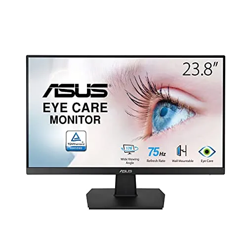 ASUS Eye Care VA247HE - 24 Zoll Full HD Monitor - 24 Zoll Full HD Monitor mit rahmenlosem Design und 178° Betrachtungswinkel. Ausgestattet mit FreeSync-Technologie für flüssige Bilddarstellung und TÜV-zertifizierten Blaulichtfilter für ein angenehmes Seherlebnis. Ideal für den professionellen Einsatz.