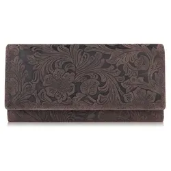 Geldbörse Damen groß viele Fächer RFID Leder Paolo Peruzzi T-25 braun - Große Damen-Geldbörse aus strapazierfähigem Naturleder mit elegantem floralen Design. Bietet zahlreiche Fächer für Karten und Geldscheine sowie eine schützende RFID-Schicht gegen Datendiebstahl.