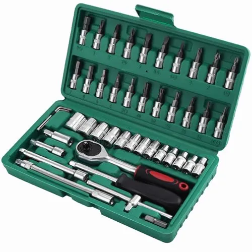 HSEAMALL 46PCS Socket Set, 1/4 Zoll Drive Metic Socket Driver Bits Set mit Quick-Release Ratschenschlüssel, Verlängerung Bars für Auto Fahrrad Motor