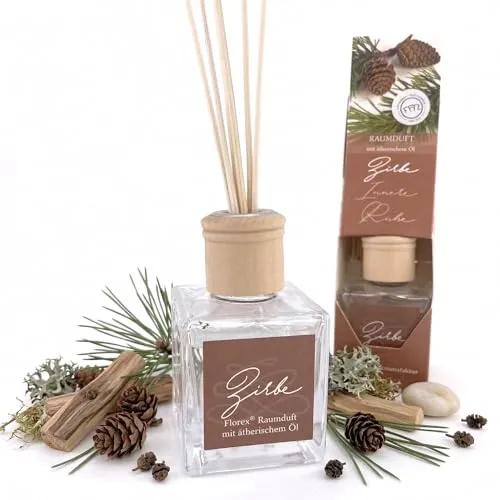 Zirbe Raumduft 100 ml mit ätherischem Öl, Duftstäbchen Set, Reed Diffuser im Glas – natürlicher Zirbenholz Zimmerduft, holzig warm, beruhigende Waldnote, für Schlafzimmer, Bad, Wohnzimmer, Büro