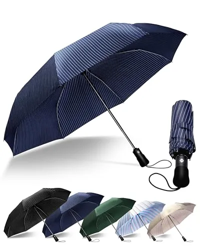 Chakipee Kompakter Reise Regenschirm Groß Sturmfest – Automatik Taschenschirm für Herren und Damen, Tragbarer 210T-Stoff 97 cm Spannweite 10 Rippen Streifenmuster Schirm