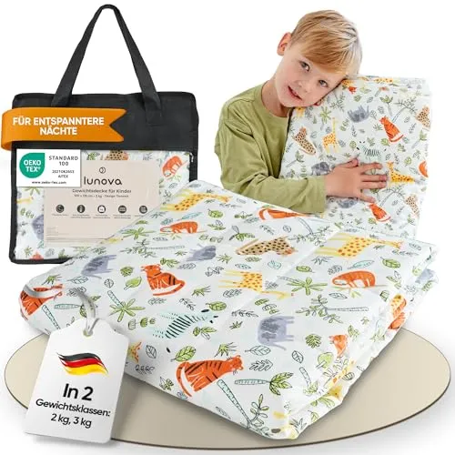 LUNOVA Gewichtsdecke Kinder 2kg Tierwelt (90x120cm) - Beruhigende Schlafdecke mit süßem Tier-Design, ideal für Kinder von 15-25kg. Aus Oeko-TEX Baumwolle, waschbar und perfekt für entspannte Nächte.