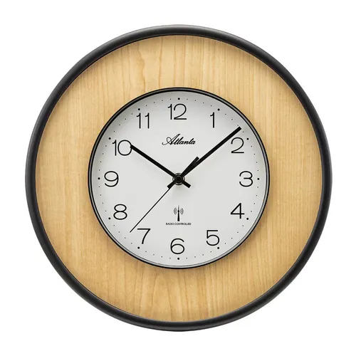 Atlanta 4540/30 Funk-Wanduhr Schwarz/Beige - Stylische Wanduhren aus matt-schwarzem Kunststoff mit hellem Holz, funkgesteuertes Quarzwerk für präzise Zeitmessung und modernes Design.
