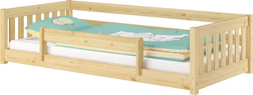 ERST-HOLZ Niederflurbett für Kinder 90x200 Kiefer massiv - Massives Kiefernholz-Bett mit Kindersicherung, ideale Sitzhöhe von 13 cm für Sicherheit und Komfort, perfekt für kleine Kinder.