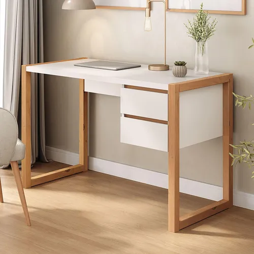 IDIMEX Schreibtisch Belinda – Moderner Home Office Tisch mit 2 Schubladen in Weiß/Eiche - Schreibtisch aus Kiefer Massivholz, ideal für kleine Arbeitsbereiche mit praktischem Stauraum und pflegeleichter Oberfläche für einen zeitlosen Look.