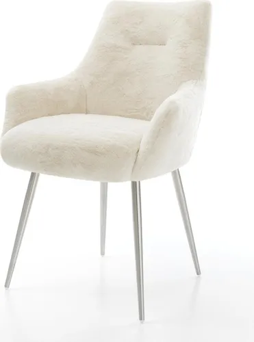 DELIFE Esszimmerstuhl Alja-Flex mit Armlehnen – Plüsch Creme-Weiß - Eleganter Esszimmerstuhl mit Taschenfederkern für hohen Sitzkomfort. Der stilvolle Plüschbezug in Creme-Weiß und das edel gebürstete Edelstahlgestell machen ihn zum zeitlosen Highlight in jedem Essbereich.