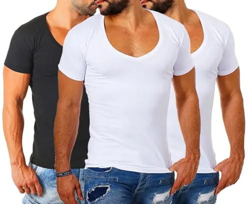 Young & Rich Herren Uni T-Shirt Basic mit tiefem V-Ausschnitt - Slimfit 3er Pack - Trendiges Basic T-Shirt mit extra tiefem V-Ausschnitt, ideal als Unterziehshirt. Die Slimfit-Passform und die dehnbare Baumwoll-Mischung bieten höchsten Tragekomfort und Flexibilität.
