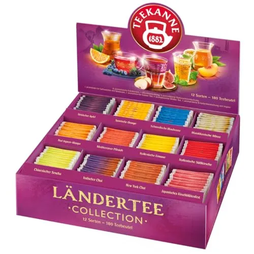 Teekanne Ländertee-Collection Box - 12 erlesene Sorten - Tee-Aufgussbeutel mit 180 hochwertigen Teebeuteln. Entdecken Sie die Genusswelt mit 12 einzigartigen Teesorten aus verschiedenen Ländern, perfekt für besondere Reisen und entspannende Momente.