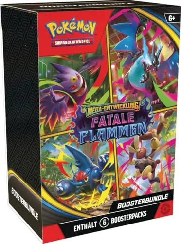 POKÉMON 10191 Boosterbundle Fatale Flammen - Sammelkarten für Pokémon-Fans: 6 Boosterpacks der Mega-Entwicklung 'Fatale Flammen' mit mächtigen Pokémon wie Mega-Glurak X-ex und Mega-Gengar-ex für spannende Kämpfe und Sammlergenuss.