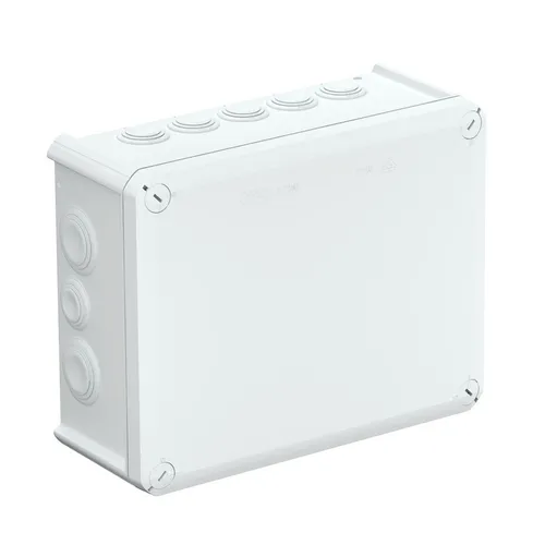 OBO 2007554 Kabelabzweigkasten T 250 - Abzweigdose für Innen- und geschützte Außenbereiche, mit Einsteckdichtungen und Schnellverschlussdeckel, flammwidrig und UV-resistent, ideal für sichere Kabelverbindungen.