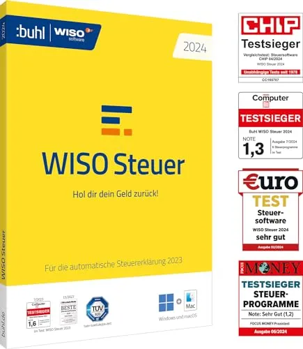 WISO Steuer 2024 für Windows, Mac, Smartphones und Tablets - Steuererklärung Software für 2023; sofortige Anzeige von Erstattung/Nachzahlung und umfassende Steuer-Tipps mit über 150 Videos für eine optimale Steuererklärung.