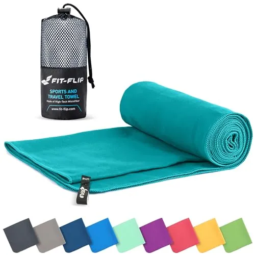 Fit-Flip Mikrofaser Handtuch - kompakte Microfaser Handtücher - ideal als Sporthandtuch, Reisehandtuch, Strandtuch - schnelltrocknend und leicht - Badetuch groß (50x100cm, Petrol)
