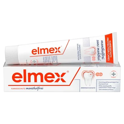 elmex Kariesschutz Zahnpasta mentholfrei - Mentholfreie Zahnpasta für empfindliche Zähne, ideal für Allergiker und Homöopathie-Anhänger, bietet bewährten Kariesschutz ohne ätherische Öle.