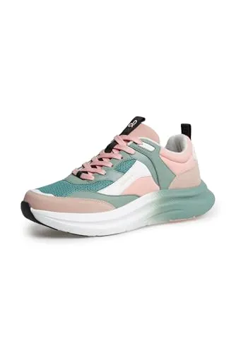 SOCCX Damen Wedge Sport Sneaker Pearl Rose mit Dip-Dye-Sohle - Stylische 12-Loch-Schnürung aus Glitzer-Mesh und Veloursleder, ideal für einen trendigen Look. Die bequeme EVA-Phylonsohle sorgt für Komfort bei jedem Schritt.