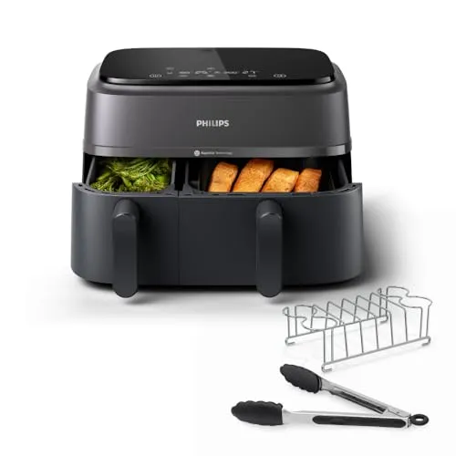 Philips Airfryer 9L Dual Basket - Schwarz - Fritteusen mit RapidAir Technologie für knusprige Speisen, 9L Fassungsvermögen und zwei Körbe für gleichzeitige Zubereitung. Ideal für Familien und gesundes Kochen mit bis zu 90% weniger Fett.
