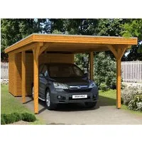 Skan Holz Carport Spessart 355 cm x 846 cm mit Abstellraum - Stabiler Einzelcarport aus lasiertem Leimholz im hellen Eichenstil. Mit 11 massiven Pfosten und langlebiger Aluminium-Dachkonstruktion für optimalen Witterungsschutz.