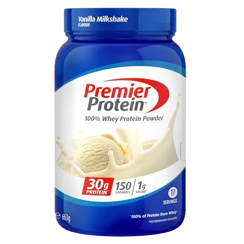 Premier Protein Whey 100% Proteinpulver Vanille-Milchshake 663g - 30 g hochwertiges Molkenprotein pro Portion für eine ausgewogene Ernährung. Nur 150 kCal und 1 g Zucker – ideal für deinen aktiven Lebensstil. Einfach zubereitet für Genuss ohne Reue!