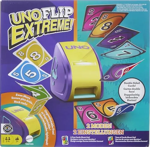 Mattel Games - UNO Flip Extreme Kartenspiel - Deckkartenspiel für 2-10 Spieler ab 7 Jahren, kombiniert die Spannung von UNO Flip und UNO Extreme mit einem automatischen Kartenwerfer für noch mehr Spaß!