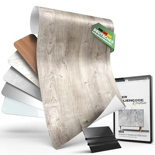 Klebefolie Holz-Optik Ribbeck Oak 5m x 67,5cm – Selbstklebend mit Rakel & E-Book - Verwandle deine Möbel mit der selbstklebenden d-c-fix Folie in Holzoptik! Hitzebeständig und abwaschbar, ideal für eine einfache Renovierung. Inklusive Rakel und Anleitung für perfekte Ergebnisse.