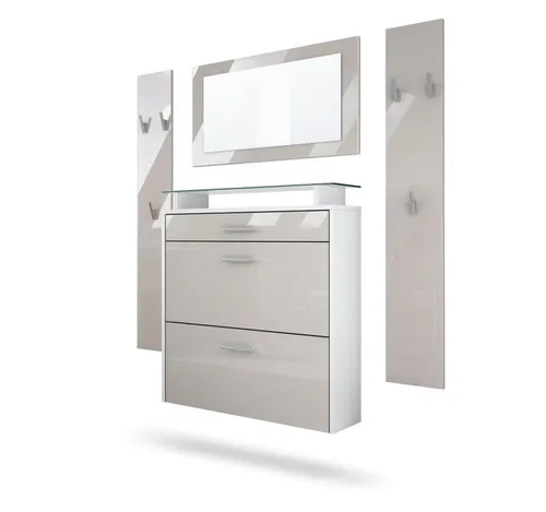 Vladon Garderoben-Set Malea - Drohnen, stilvolles Garderobenset in Weiß matt und Sandgrau Hochglanz mit einfachem Montagekonzept für eine moderne und funktionale Flureinrichtung.