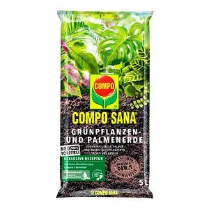 Compo SANA Blumenerde für Grünpflanzen und Palmen, 5L - Gebrauchsfertige Blumenerde mit Startdüngung für bis zu 12 Wochen, ideal für Zimmer- und Balkonpflanzen sowie Palmen. Sorgt für kräftiges Wurzelwachstum und satte Blätter.