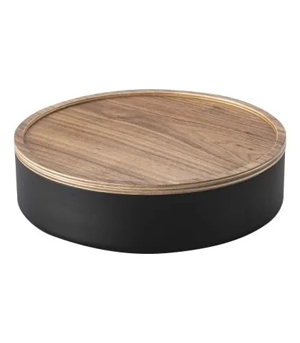 YAMAZAKI 5800 RIN Runde Aufbewahrungsbox mit Deckel, schwarz, Stahl/Holz - Stilvolle Aufbewahrungsbox für die Organisation kleiner Gegenstände. Der Holzdeckel dient zusätzlich als Ablagefläche. Stapelbar mit anderen Modellen der Serie für optimalen Platz. Designed in Japan.