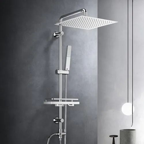 Görbach Regendusche Duschset mit Ablage - Brausegarnituren, XXL-Regenduschkopf 30x30cm aus Edelstahl für ein luxuriöses Duscherlebnis mit pflegeleichten anti-kalk Düsen.