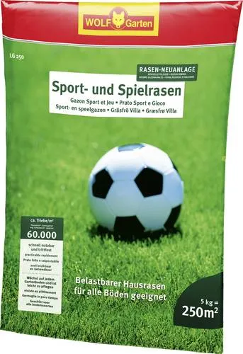 Wolf-Garten Rasensamen LG 250 Sport- und Spielrasen, 5kg - Gräsersamen & -pflanzen, strapazierfähige Rasensaat mit schneller Keimung für bis zu 250m², ideal für stark beanspruchte Flächen, jetzt mit 25% Cashback!