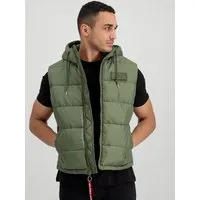 Alpha Industries Hooded Puffer Vest FD - Herren-Weste in sage-green, bietet optimale Wärmeisolierung und praktische Taschen. Ideal für den Alltag mit verstellbarer Kapuze und stylischen Akzenten.