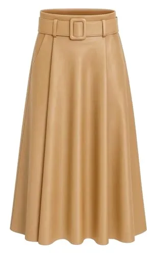 Mississhop 401 Damen A-Linien Rock mit Gürtel – Kunstleder Camel - Vielseitiger Damenrock aus Kunstleder, Einheitsgröße S-L, mit elastischem Bund und Gürtel. Feminine A-Linien-Form, ideal für Business und Freizeit, Länge ca. 85 cm.