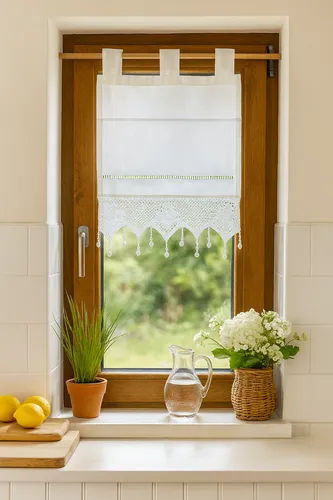Fenstervorhang aus Baumwolle mit handgehäkelter Spitze – Vintage-Look 50x60 cm - Eleganter Bistro-Vorhang mit gehäkelter Spitze, ideal für die Küche. Mit Schlaufenaufhängung und durchscheinendem Design bringt er Landhaus-Charme in Ihr Zuhause.