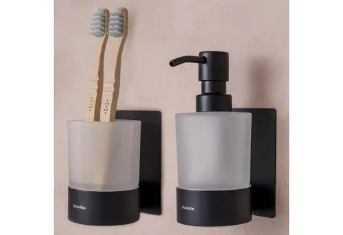 Dolvhin Seifenspender und Zahnputzbecher Set - Elegantes Set für das Bad, inkl. Glas-Seifenspender und Zahnbecher mit Trennfach, einfach ohne Bohren zu montieren dank starkem 3M Klebestreifen.