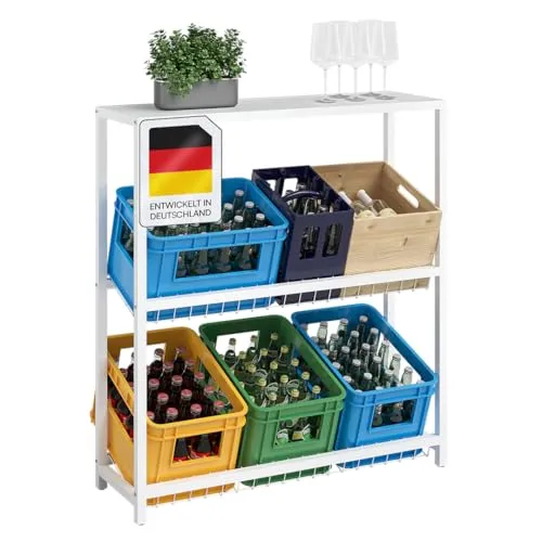 STEELSØN Montune Getränkekistenregal mit Ablage & Gitterhalterung - Standregal für 6 Kisten, robust aus pulverbeschichtetem Metall, trägt bis zu 100 kg pro Ebene und bietet zusätzlichen Stauraum – ideal für Küche, Keller oder Garage.